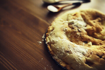 Lavash from whole grain durum flour. Handmade fresh pastries. Flour product. Bread, flour and ingredients.