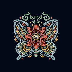 Colorful vintage tattoo style butterfly illustration