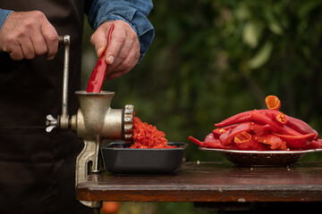 Preparation of homemade sauce with a sweet bell peppers, hot pepper chilli with a grinding machine....