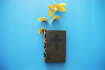 Book with the symbol of the cross. Bible study. Religious book. Prayer.