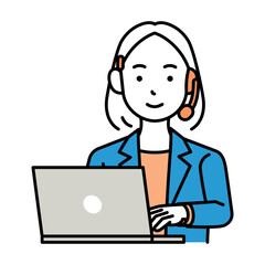 コールセンター　オペレーター　女性　ノートパソコン　ボブ