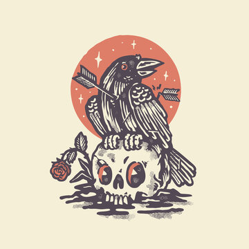 The raven and skull vintage tattoo style illustration