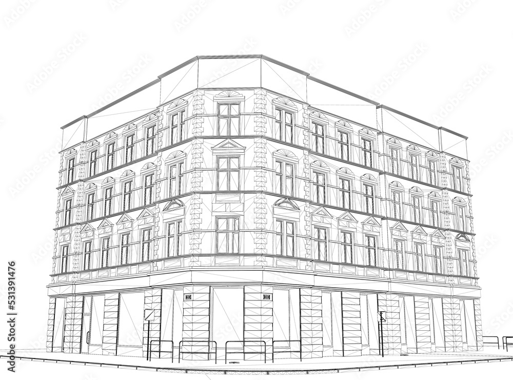 Poster wireframe of a four-story building from black lines isolated on a white background. perspective view