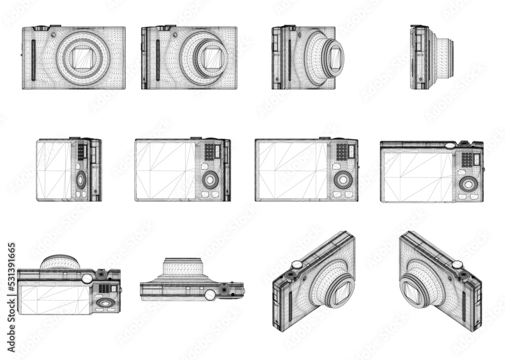 Poster set with camera wireframe in different positions from black lines isolated on white background. 3d. 