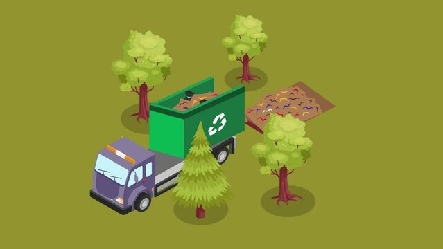 Dump truck unloads waste in the forest