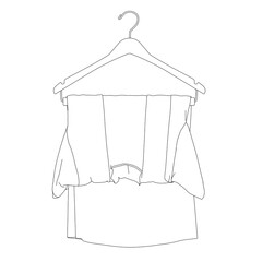 Outline of a T-shirt hanging on a hanger from black lines isolated on a white background. Front view. Vector illustration.