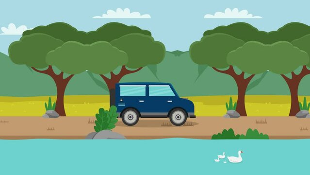 Off road car moving near lake and mountain
