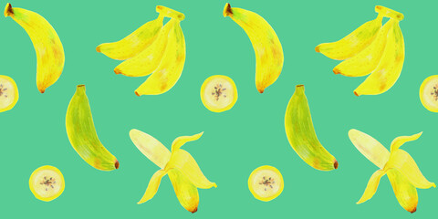 かわいい手描きのバナナのシームレスパターンイラスト - obrazy, fototapety, plakaty