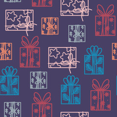 Christmas seamless vector pattern with cute hand drawn gift boxes. Xmas theme doodle elements. Line objects. Colorful palette. For wrapping paper, textile, print, fabric, wallpaper, packaging, card.