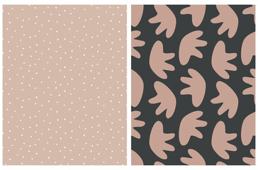 Fototapeta Simple Hand Drawn Irregular Spots Seamless Vector Patterns. White and Light Brown Dots and Irregular Shape Stains on a Beige and Pale Black Background. Infantile Style Abstract Dotted Vector Print. obraz