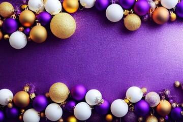 Christmas purple background with Christmas baubles and decoration