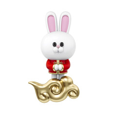 3d Rabbit Chinese Zodiac sign character standing on a golden cloud 3d rendering. 3d illustration greeting for Happiness, Prosperity and Longevity. 2023 Chinese new year festival.