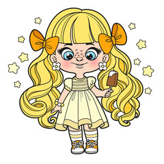 Cute cartoon longhaired girl with ice lolly in hand color variation for coloring page on a white background