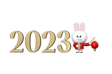 Obraz na płótnie Canvas Happy new year 2023, Year of the rabbit, Chinese Zodiac sign 3d Rabbit on white background 3d rendering. 3d illustration greeting for Happiness, Prosperity and Longevity. Chinese new year festival.