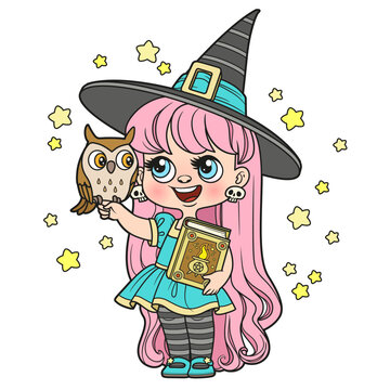 Cute cartoon long haired girl in a Halloween witch costume with textbook in hand and owl color variation for coloring page on white background