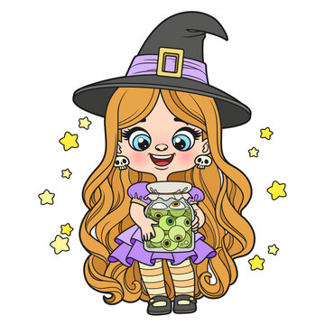 Cute cartoon girl in Halloween witch dress hold large jar with eye ingredient in hands color variation for coloring page on white background