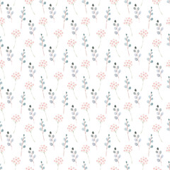 Watercolor seamless pattern with spring flowers, buds and twigs with leaves