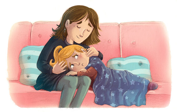 Illustration of sad girl comforted by her mother in the armchair