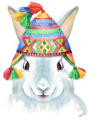 Naklejka premium Watercolor illustration of a white rabbit in chullo hat