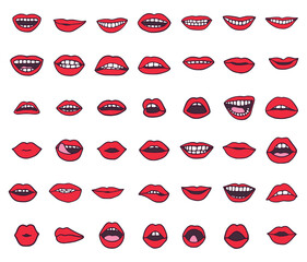 Vector set of mouths or lips icons in cartoon style isolated on white background.