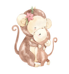 Watercolor monkey mother and baby illustration for kids