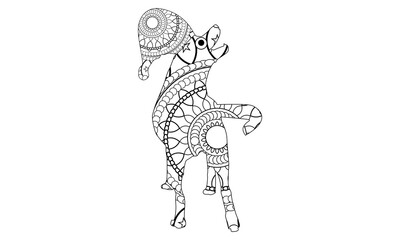 Vector Christmas illustration zentangl dog in a scarf and hat. Doodle drawing. Coloring book anti stress for adults. Meditative exercises. Black and white.