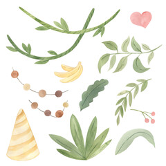 Watercolor bananas, leaves,  liana, cap illustration for kids