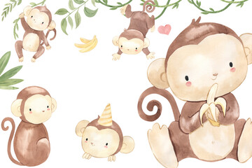 watercolor monkey template for nursery, baby shower, invitation for birthday party © Olga Listopad