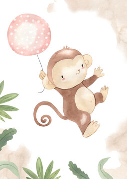 watercolor monkey on balloon template for nursery, baby shower, invitation for birthday party