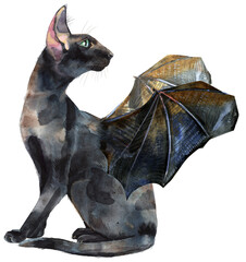 Fototapeta premium Watercolor oriental black cat with bat wings. Painting animal illustration