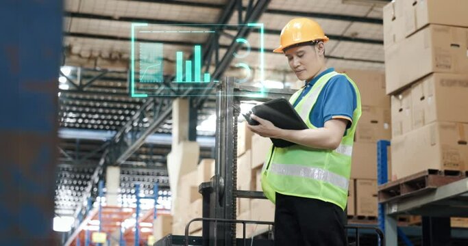 Man, manager or supervisor with hard hat, vest to hold checklist in distribution warehouse and check inventory, cargo, storage box on racking, shelf. Concept for analysis, productivity, grow business.