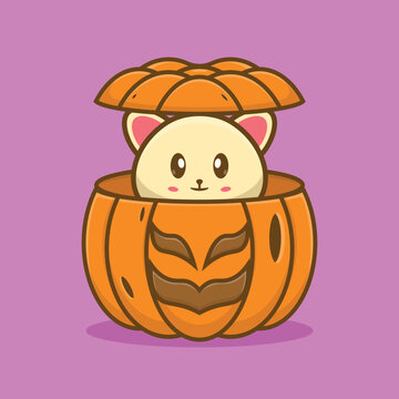 Cartoon icon illustration of a cat hiding in a pumpkin. Halloween concept. Simple premium design