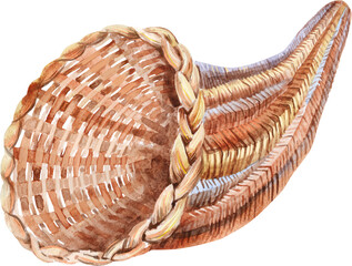 Illustration depicting an empty wicker cornucopia basket - obrazy, fototapety, plakaty