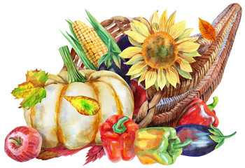 Watercolor cornucopia filled with vegetables and fruits  - obrazy, fototapety, plakaty