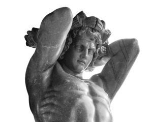 Atlant holds a vault above the entrance. Isolated on white background with clipping path