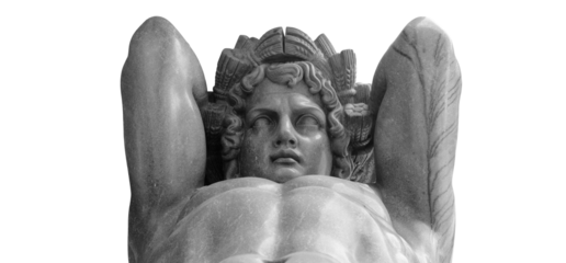 Atlant holds a vault above the entrance. Isolated on white background with clipping path