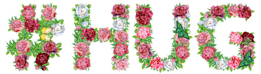 Hashtag sign with word HUG of watercolor flowers for decoration
