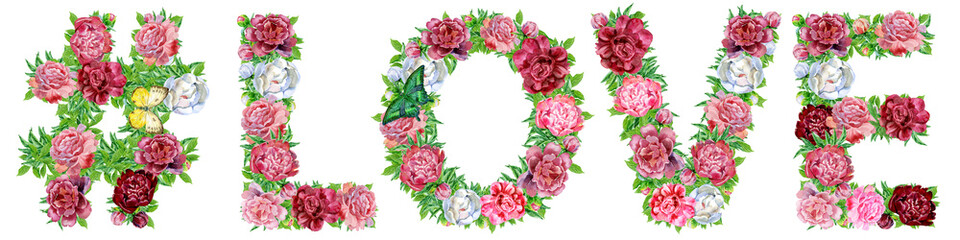 Hashtag sign with word LOVE of watercolor flowers for decoration