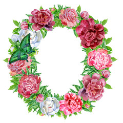 Letter O of watercolor flowers with butterfly