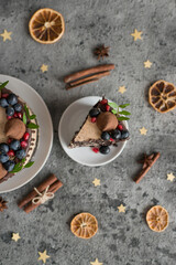 Baking a chocolate cake with berries on the table