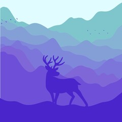 A beautiful landscape with reindeer. Landscape with a journey in the mountains. Beautiful view with mountains and deer.Stylish background,wallpaper,template with mountains and deer.
