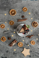 Baking a chocolate cake with berries on the table