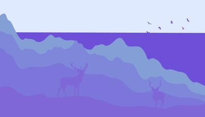 Naklejka na ściany i meble A beautiful landscape with reindeer. Landscape with a journey in the mountains. Beautiful view with mountains and deer.Stylish background,wallpaper,template with mountains and deer.