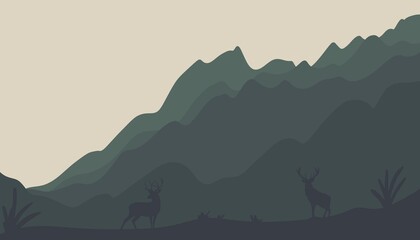 Obraz premium A beautiful landscape with reindeer. Landscape with a journey in the mountains. Beautiful view with mountains and deer.Stylish background,wallpaper,template with mountains and deer.