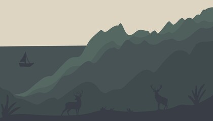 A beautiful landscape with reindeer. Landscape with a journey in the mountains. Beautiful view with mountains and deer.Stylish background,wallpaper,template with mountains and deer.