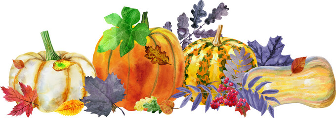 Fototapeta na wymiar Horizontal composition of pumpkins and autumn leaves