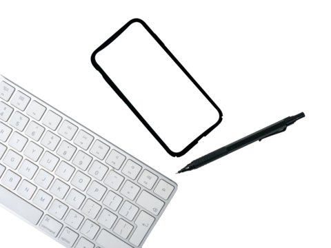 computer keyboard, cell phone and pen isolated on a white background