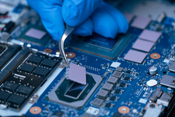 Technician repairing inside of thermal pad for Integrated Circuit. the concept of data, hardware repairing, upgrade technology.