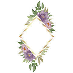 Fototapeta na wymiar flower watercolor frame with gold line decoration