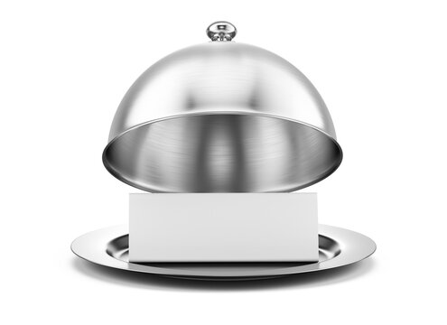 Open silver steel serving Cloche with blank paper isolated on a white background. 3d rendering
